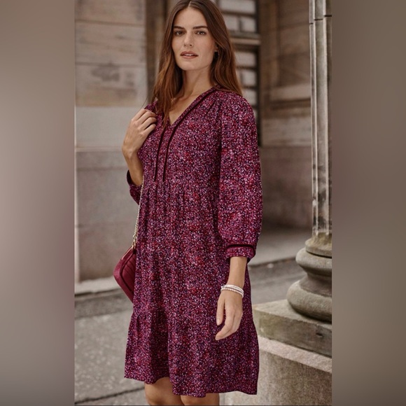 J. Jill Dresses & Skirts - J. Jill Burgundy Floral Print V-Neck Long Sleeve Dress